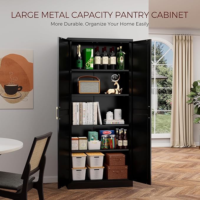 71" Tall Metal Pantry Cabinet, Black Kitchen Pantry Storage Cabinet with 4 Adjustable Shelves and Gold Handles, Cupboard for Kitchen, Dining Room, Living Room, Bathroom-CasaMuseHome