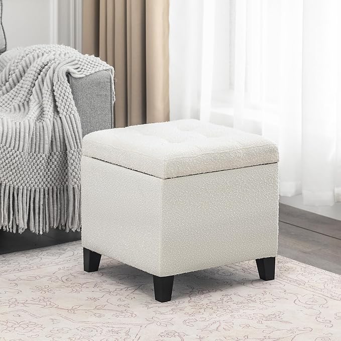 Adeco 18 Inch High Cube Ottoman Storage, Linen Chair Foot Stools, Upholstered Vanity Stool with Hinged Lid, Solid Wood Legs (White Circle Yarn)-CasaMuseHome
