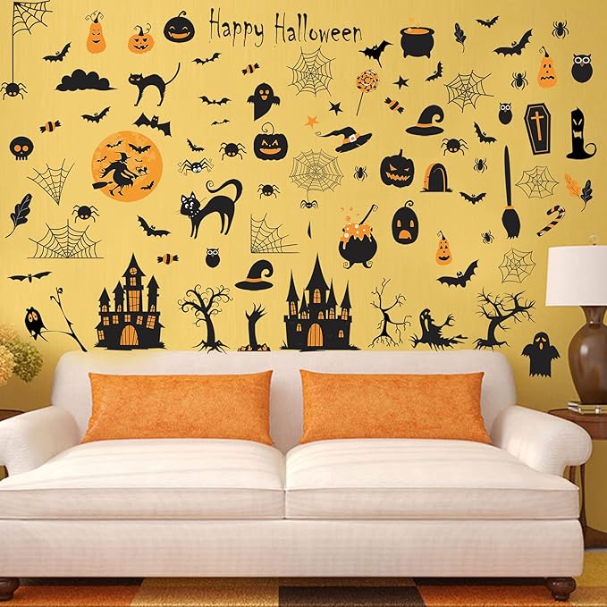 84 PCS Window Clings - Halloween Wall Stickers for Living Room, Pumpkins, Castles, Bats, Cats, Vampire, Witch Stickers, Household Decorative Murals, Party Supplies-CasaMuseHome