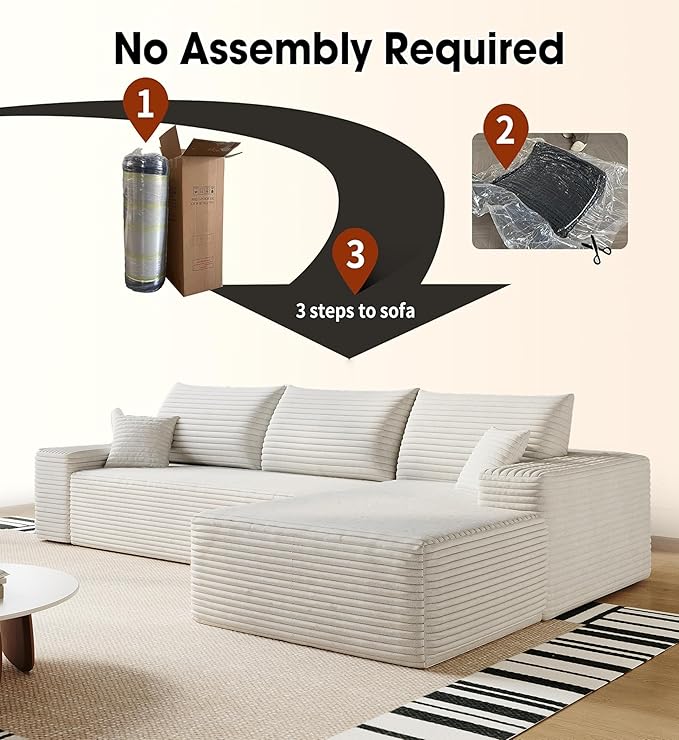 108" Sectional Couches for Living Room Modern Modular Sofa with L-Shape Couchs Upholstered Boneless Couch Deep Seat Sectional Couch with Chaise (White, Right Facing Chaise+2Seaters)-CasaMuseHome