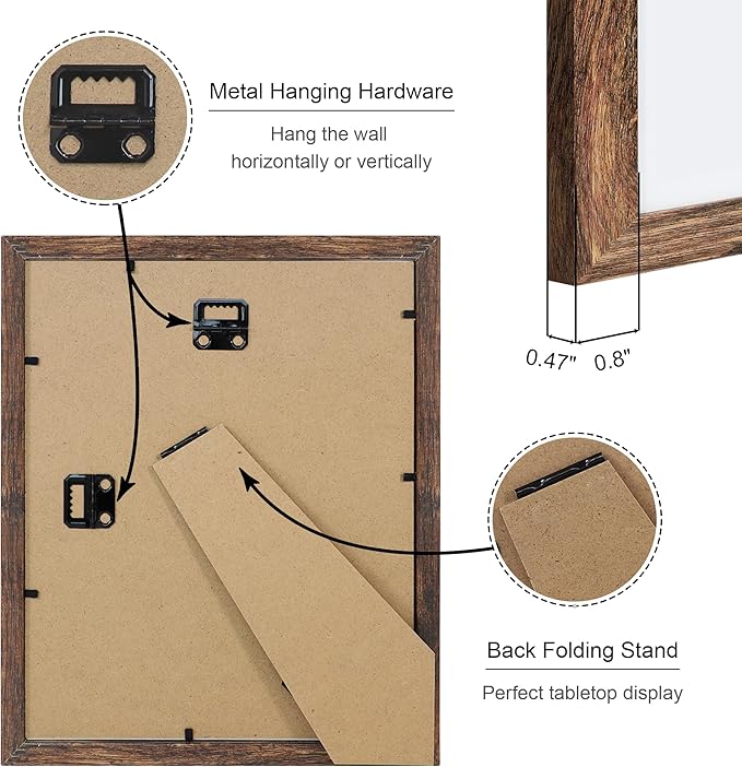 8x10 Picture Frame Set of 4, 8 x 10 Wood Photo Frames with Mat for 5x7, Natural Wooden Frame with Real Glass Cover for Wall and Tabletop Display,Rustic Brown-CasaMuseHome