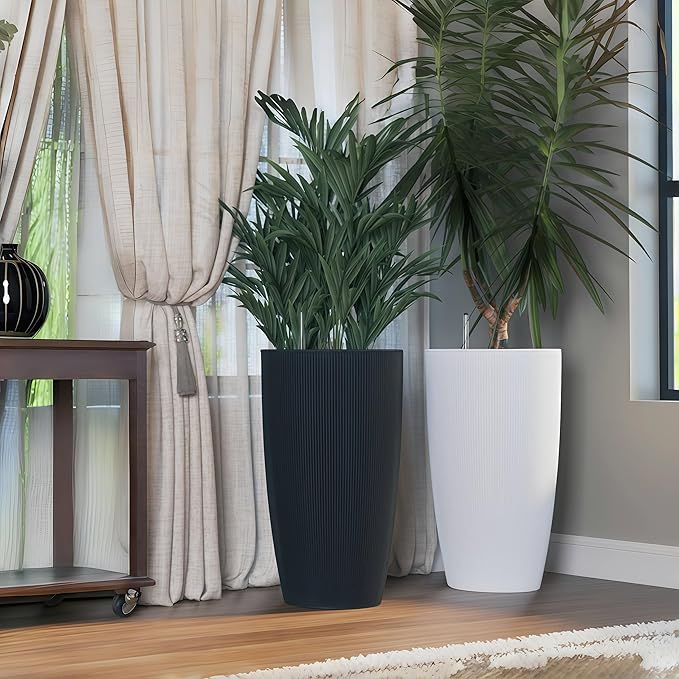 2Pack 22" High Modern Plant Pots Planter-Self-Watering Indoor/Outdoor Planting with Drain Holes, Water Level Monitor, Inner Bucket for Front Porch Patio, Black Rattan Conical-CasaMuseHome