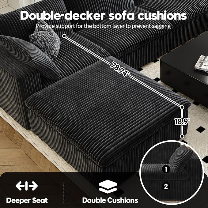 157.5" Cloud Couch Modular Sectional Sofa for Living Room,Modern Sofa with Deep Seat，L-Shape Boneless Couch with Ottoman,Comfy Upholstered Corduroy Couches for Apartment, Studio, Office,Bedroom，Black-CasaMuseHome