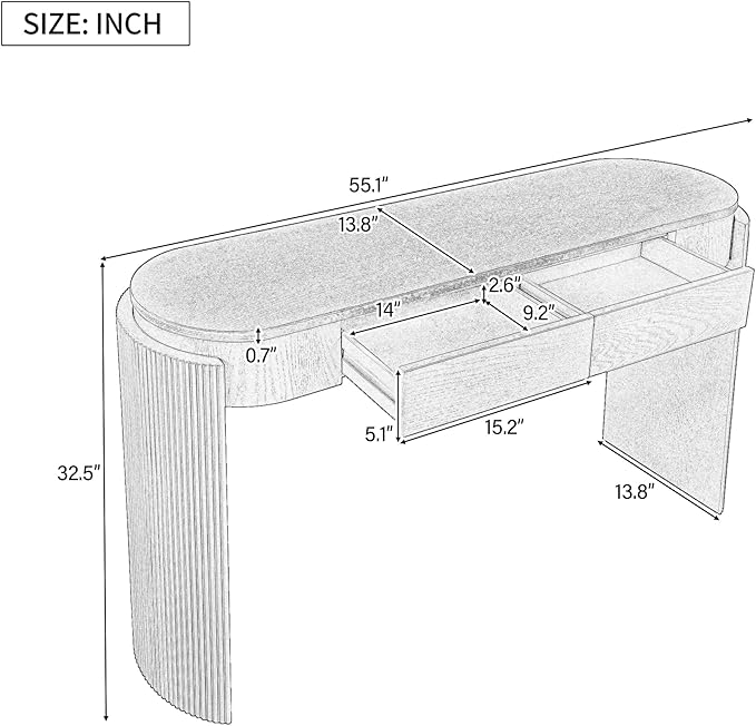 55" Sofa Table with Oval Top and 2 Drawers, Entryway Console Table with Fluted Design for Hallway,Foyer,Entry and Living Room (Fully Assembled-Pine Wood)-CasaMuseHome