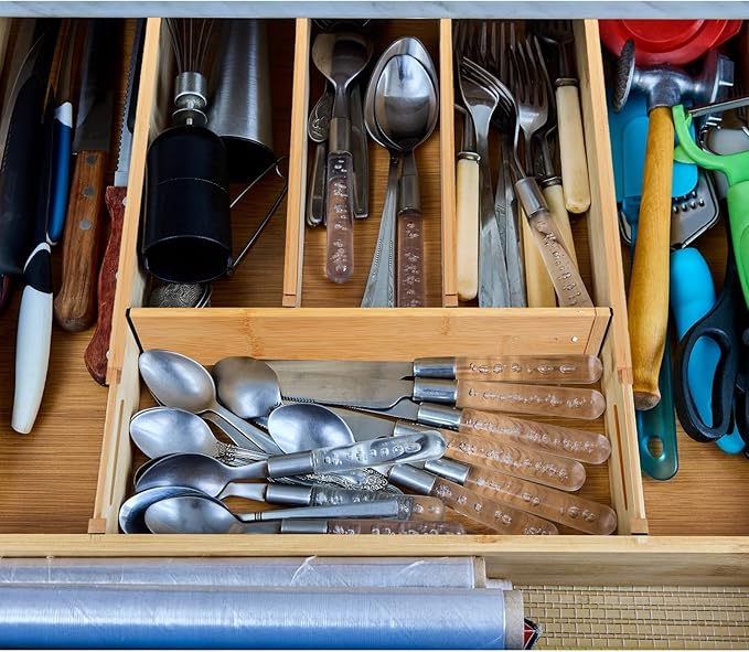 7 Pcs Adjustable Bamboo Drawer Dividers Expandable Drawer Organizers Cutlery Tray Spring Separators Organization for Kitchen Bedroom Bathroom Dresser Office-CasaMuseHome