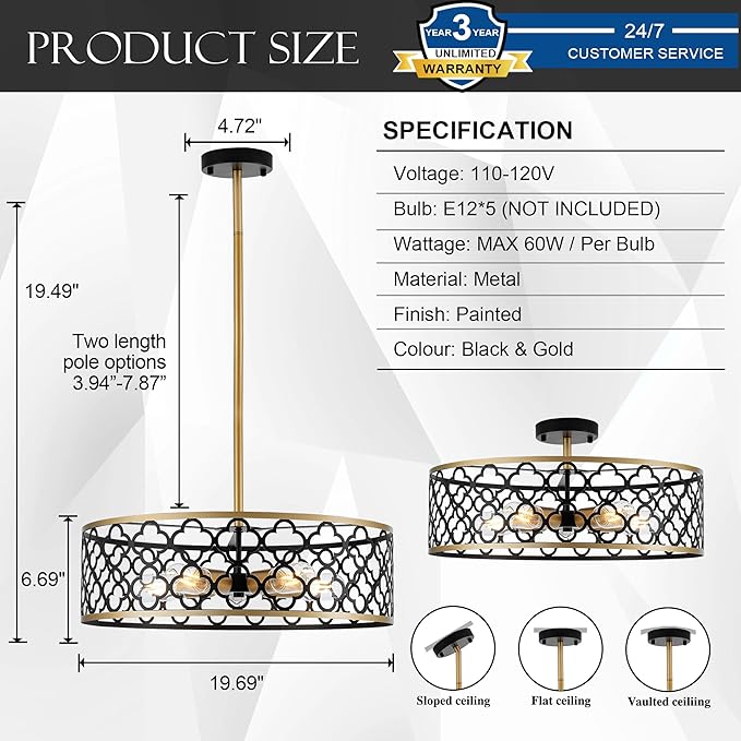 5-Light Drum Chandeliers for Dining Room,19.7" Rustic Farmhouse Dining Room Light Fixture, Black&Gold Metal Hanging Pendant Light for Living Room Bedroom Kitchen Entryway Foyer-CasaMuseHome