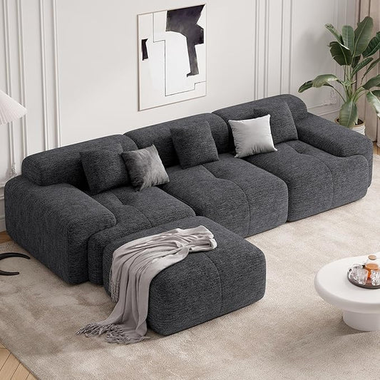 122" Modern L Shaped Modular Sectional Sofa, Boneless Couches for Living Room with Ottoman,4 Seater Convertible Chenille Cloud Couch Sofa Set, No Assembly Required, Grey-Black 1 PCS-CasaMuseHome