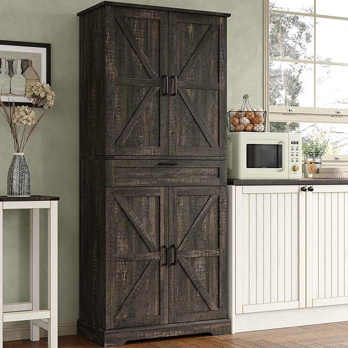 72'' Kitchen Storage Pantry Cabinet, Tall Storage Cabinet with 8 Door Shelves, 2 Cabinets and 1 Drawer, Freestanding Cupboard for Kitchen, Dining Room, Bathroom, Laundry, Living Room, Dark Rustic Oak-CasaMuseHome