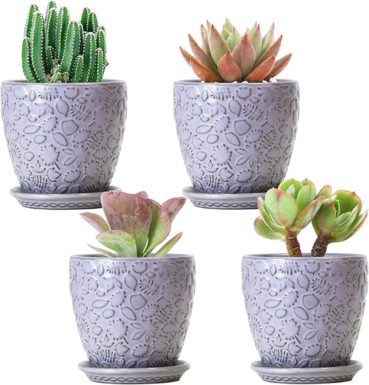 4 Inch Retro Ceramic Planter Set of 4 with Drainage Hole and Saucer for Plants, Indoor-Outdoor Small Garden Pots for Succulent, Herb and Flower (Fits Inner Pots Up to 3 Inch, Retro Purple)-CasaMuseHome