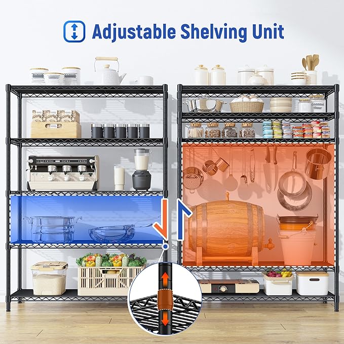 5 Tier Storage Shelves 71"H Wire Shelving Adjustable Metal Shelving,1000LBS Pantry Shelves Sturdy Steel Wire Shelf for Kitchen Commercial Pantry Garage Warehouse ,71"H X35.5"W X13.8"D, Black-CasaMuseHome