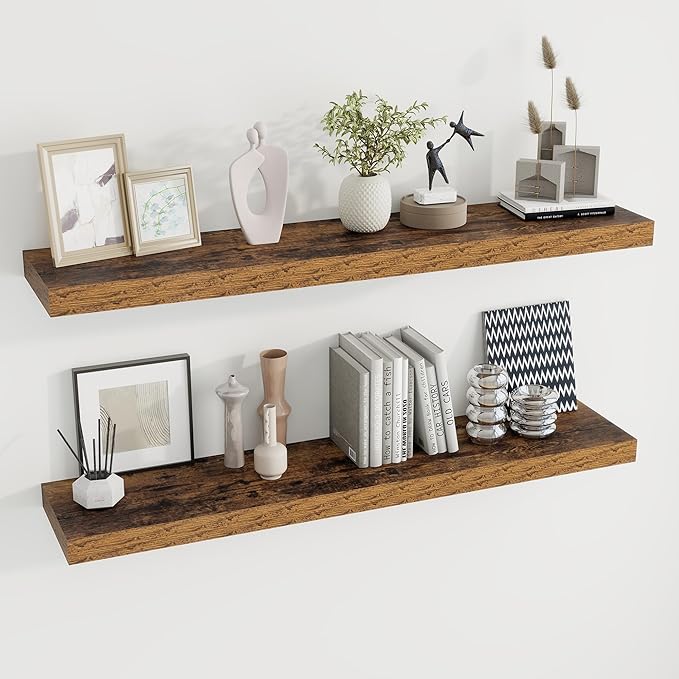 48 inch Floating Shelves for Wall Large Wall Mounted Shelves with Invisible Brackets, Brown Long Shelves for Bathroom, Living Room, Kitchen, Office, 48x9.1 inch deep Set of 2-CasaMuseHome
