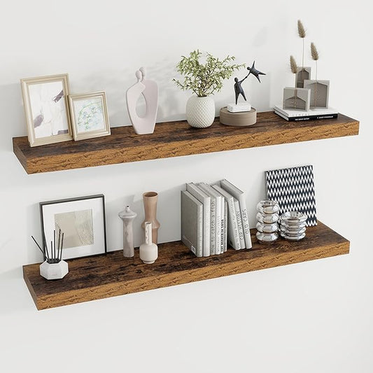 48 inch Floating Shelves for Wall Large Wall Mounted Shelves with Invisible Brackets, Brown Long Shelves for Bathroom, Living Room, Kitchen, Office, 48x9.1 inch deep Set of 2-CasaMuseHome