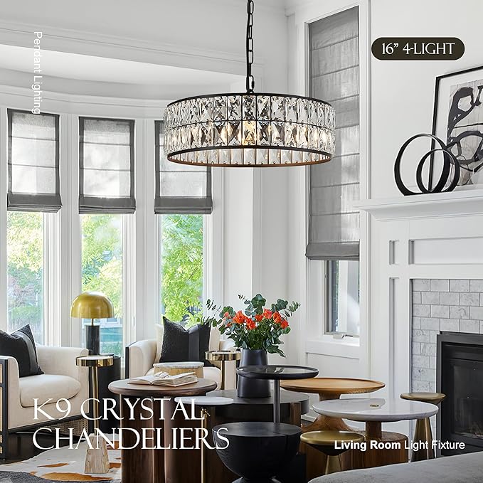 16” 4-Light Modern Crystal Chandeliers Black Dinning Room Light Fixture, Round Pendant Light Kitchen Island Chandelier, Flush Mount Ceiling Light for Living Room Entryway Bedroom Foyer-CasaMuseHome