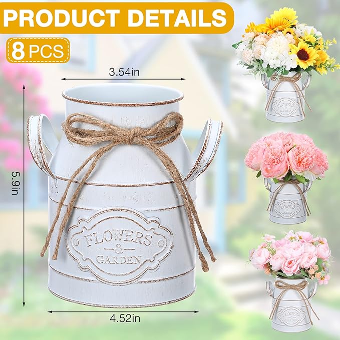 6 Inch Farmhouse Vase Decor Milk Can Vintage Flower Jug Galvanized Metal Vase with Handle Rustic Flower Buckets for Thanksgiving Christmas Table Centerpiece Weddings Gifts(Retro White,8 Pcs)-CasaMuseHome