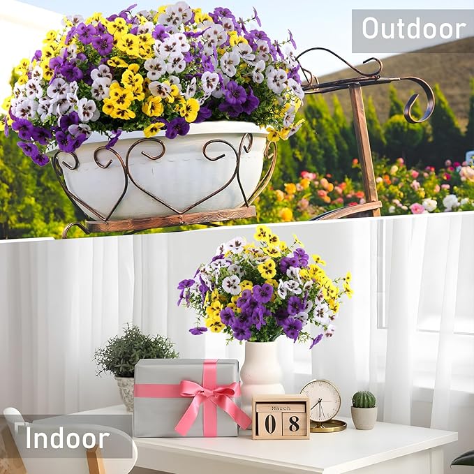 18 Bundles Artificial Fake Pansy Flowers for Outdoor, Faux UV Resistant Silk Pansies Flowers for Outside Planter Front Door Porch Yard Patio Window Box Home Decor (18, Purple, Yellow, White)-CasaMuseHome