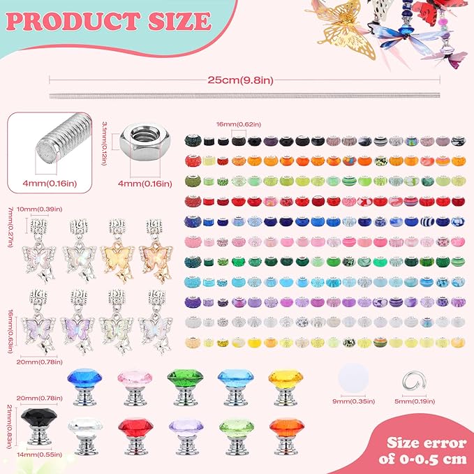 380pcs Beaded Garden Stake, DIY Butterfly Fairy Wand Garden Stake Kit with 10IN Threaded Rod Crystal Stopper Top Large Holes Beads Butterfly Decoration Pendants Outdoor Fairy Garden kit-CasaMuseHome