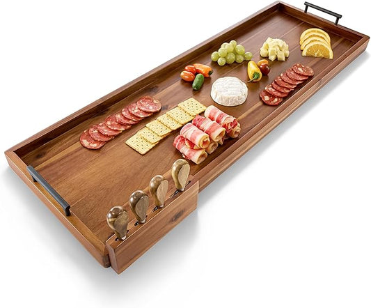 Acacia 36 Inch Extra Large Charcuterie Board with Cheese Knife Set of 4 - Acacia Wood Serving Tray with Handles, Long Charcuterie Board, Large Charcuterie Boards for Party, Wooden Cheese Board-CasaMuseHome