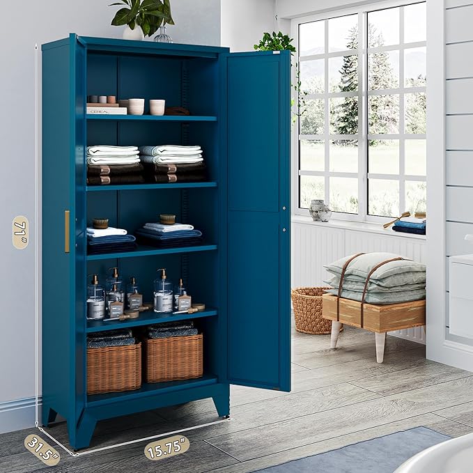 71'' Farmhouse Metal Storage Cabinet with Barn Doors,Steel File Cabinet for Home Office,Kitchen Pantry 4 Adjustable Shelves,Freestanding Cupboard for Kitchen,Home Office (Peacock Blue)-CasaMuseHome