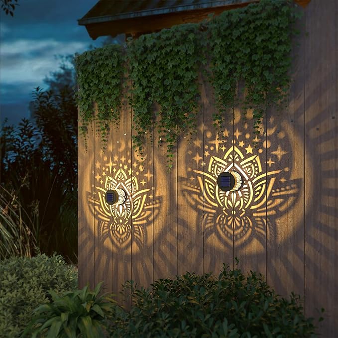 4 Pack Solar Fence Lights Metal Solar Powered Outdoor Wall Deck Lights Lotus Theme Waterproof Fence Light for Garden Post Patio Backyard Yard Decor (Lotus, 4 Pack)-CasaMuseHome