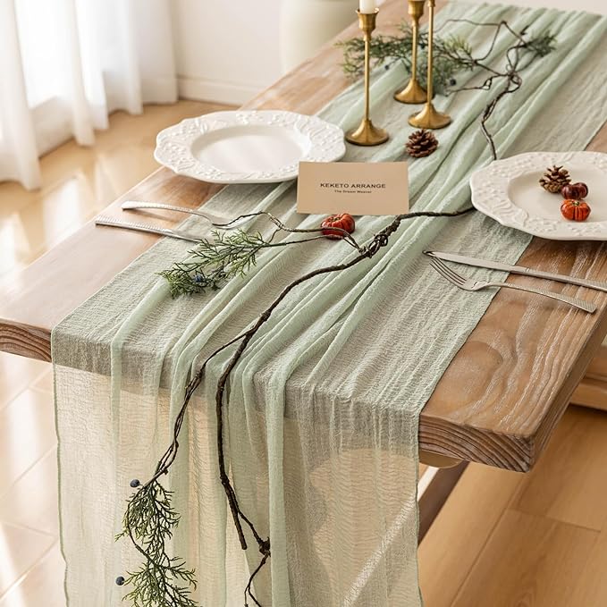 6pcs Cheesecloth Table Runner Sage Green Gauze 120 Inch 10 FT Rustic Boho Cheese Cloth Runner for Wedding Baby Shower Bridal Shower Party Long Sheer Centerpiece Home Decoration-CasaMuseHome