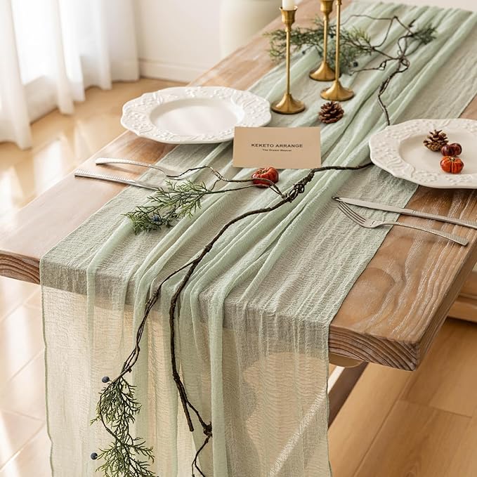 3pcs Cheesecloth Table Runner Sage Green Gauze 120 Inch 10 FT Rustic Boho Cheese Cloth Runner for Wedding Baby Shower Bridal Shower Party Long Sheer Centerpiece Home Decoration-CasaMuseHome