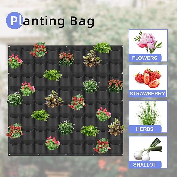 72 Pockets Hanging Planter Bags, Hanging Vertical Wall Mounted Plant Planting Grow Bags, Herb Garden Planter Outdoor Indoor Growing Bag, Gardening Vertical Greening Flower Container(1m×1m, Black)-CasaMuseHome