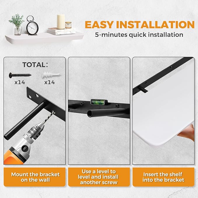 24"x6.8"x1.6" Slanted Floating Wall Shelves 2-Pack - Rustic White Finish, Heavy-Duty Solid Wood Design with Hidden Brackets - Perfect for Living Room, Kitchen, Bathroom, or Office-CasaMuseHome