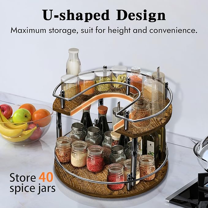 2-Tier Lazy Susan Organizer Turntable Spice Organization U-Shape 11.8" Rotating Spice Rack Height Adjustable for Cabinet, Pantry, Kitchen Countertop, Party-CasaMuseHome