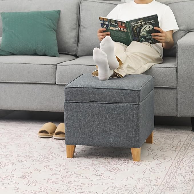 Adeco 17.5" Square Fabric Ottoman with Storage, Upholstered Cotton Linen Foot Rest, Flip Top Footstool, Small Cube Coffee Table Extra Seat for Living Room, Bedroom, Grey with Burlywood Legs-CasaMuseHome