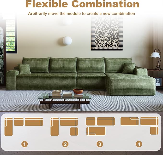 136" Sectional Couches for Living Room Modern Modular Sofa with L-Shape Couchs Upholstered Boneless Couch Deep Seat Sectional Couch with Chaise (Green, Right Facing Chaise+3Seaters)-CasaMuseHome