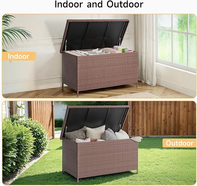 158 Gallon XL Deck Box with Lid, All Weather Wicker Outdoor Storage Box Waterproof, Large Outdoor Patio Storage Bin for Cushions, Garden Tools, Gears, Pool Accessories, Brown-CasaMuseHome