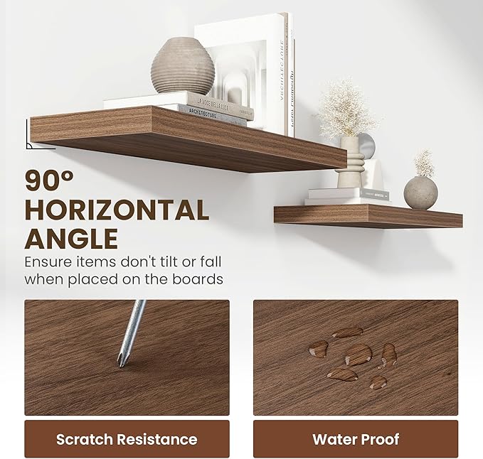 36 Inch Floating Shelves, 12 Inch Deep Floating Shelves for Wall, Floating Shelf with Invisible Brackets, Deep Shelves for Bathroom, Bedroom, Living Room, 2 Pack, Walnut-CasaMuseHome