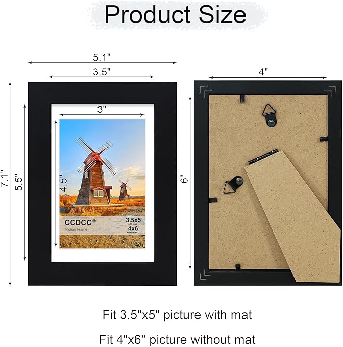 4x6 Picture Frame Set of 4, 4 x 6 Wood Photo Frames with Mat for 3.5x5, Wooden Frame with Real Glass Cover for Wall and Tabletop Display,Black-CasaMuseHome