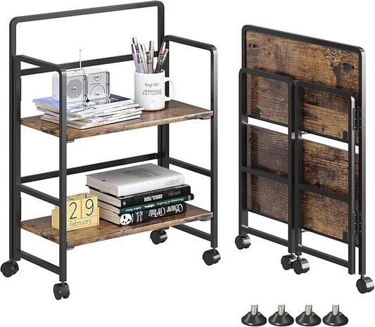 4NM 2 Tiers No-Assembly Folding Bookshelf with Wheels, Portable Rolling Storage Bookcase & Compact Side Table for Living Room, Bedroom, Kitchen, Bathroom (Rustic Brown and Black)-CasaMuseHome