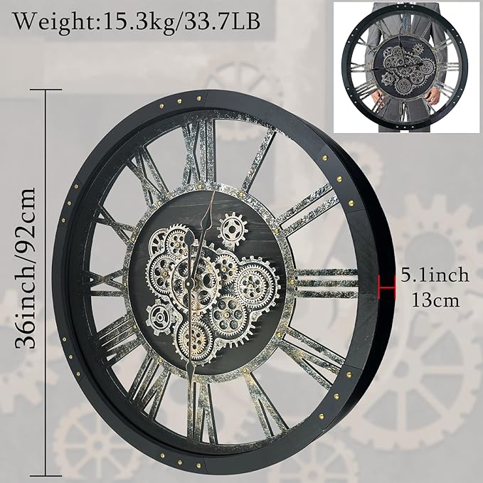 36 Inch Moving Gear Wall Clock, Oversized Wall Clocks, Clock Living Room Decor, Solid Wood Frame, Battery Operated, Large Wall Clock with Steampunk Industrial for Fireplace(Black)-CasaMuseHome