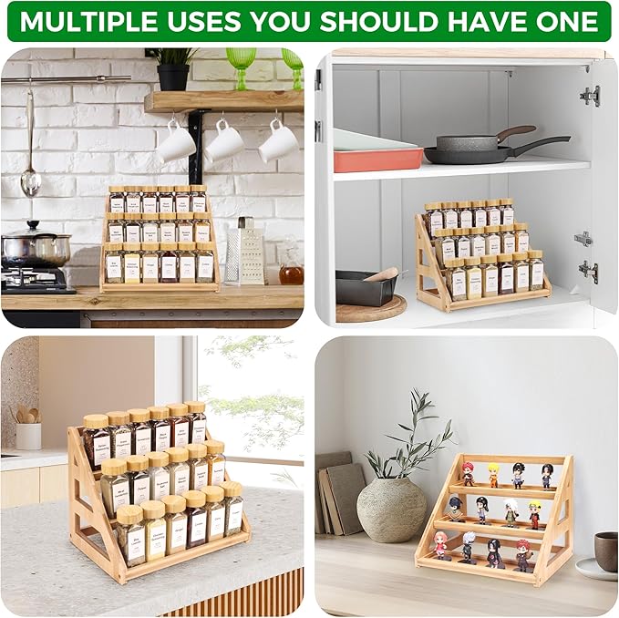 3-Tier Natural Bamboo Spice Rack Organizer - for Kitchen Cabinets, Countertops & Pantries - Space-Saving Tiered Shelf-CasaMuseHome