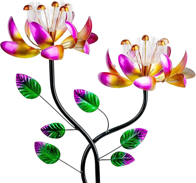 55'' Solar Powered Kinetic Wind Spinner Sculpture Pink Lotus Metal Stake Spinner for Patio, Lawn and Garden Decor Weather-Resistant Outdoor Art with Dual Lotus Design-CasaMuseHome
