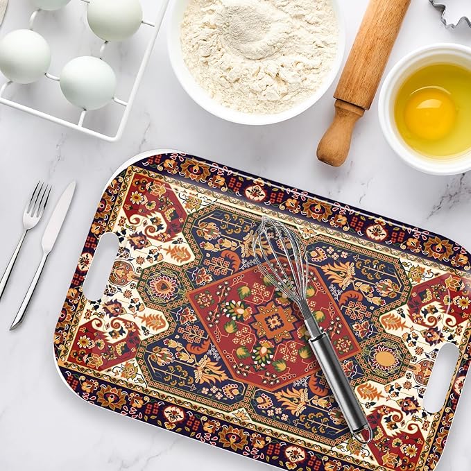 Serving Trays with Handles, 14.5 x 9.8 inch Rectangular Plastic Tray for Restaurant, Kitchen, Dark Red Pattern-CasaMuseHome