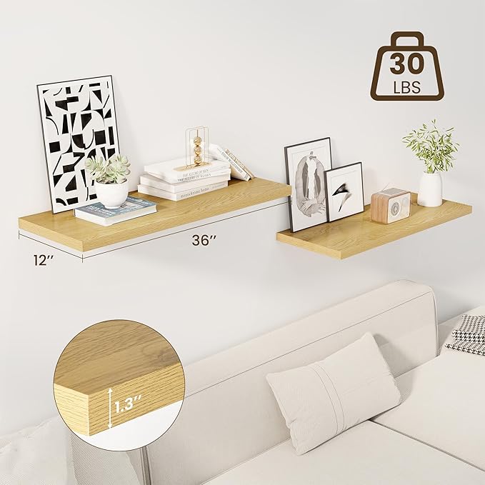 36" Floating Shelves for Wall, 12" Deep Slim Oak Floating Shelves, Wall-Mounted Shelves for Bedroom, Living Room, Kitchen, Bathroom - Set of 2-CasaMuseHome