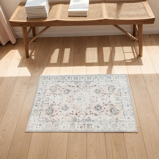 2'x3' Vintage Floral Rug - Persian Inspired Low-Pile Faux Wool Area Rug, Non-Slip Washable Small Rug for Bedroom, Nursery, Dorm, Soft Pink Boho Chic Decor-CasaMuseHome