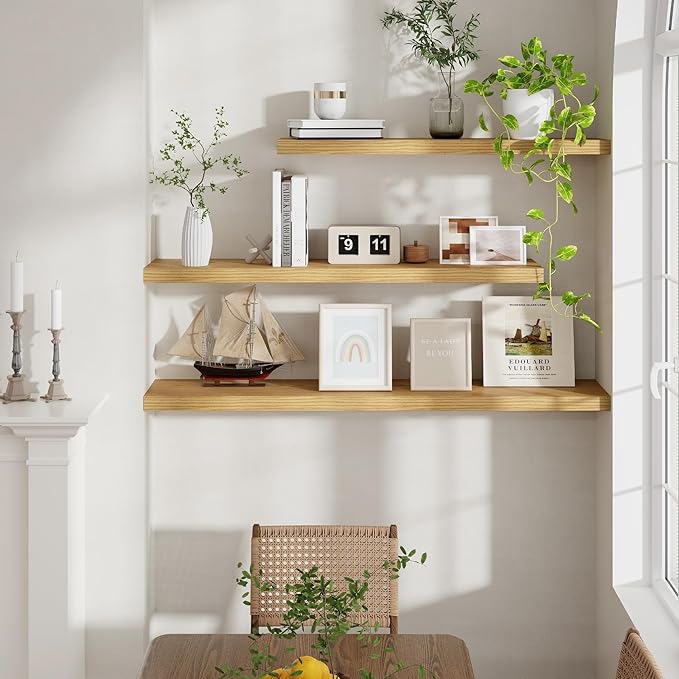 48 Inch Floating Shelves Set of 2, Rustic 48 x 9 Floating Shelf for Wall, 9 Inch Deep Bookshef Invisible Bracket, Wall-Mounted Deep Shelving for Bedroom, Kicten, Living Room, Oak Color-CasaMuseHome