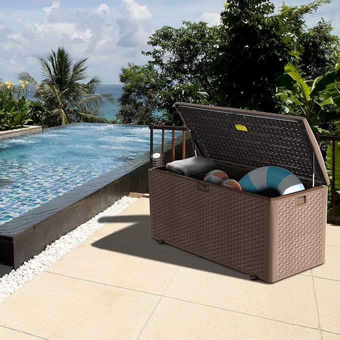 180 Pro Gallon Waterproof Outdoor Storage Bin Resin Deck Box for Patio, Poolside, and Garden, Lockable & UV-Resistant, Brown-CasaMuseHome