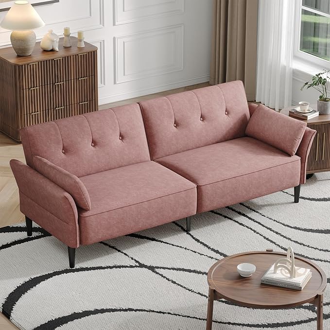 89” Futon Sofa Bed, Velvet Fabric Futon Couch Bed with 2 Square Pillows, Convertible Sleeper Sofa with Adjustable Backrest& Armrests, Modern Loveseat Sleeper for Living Room, Bedroom, Pink-CasaMuseHome