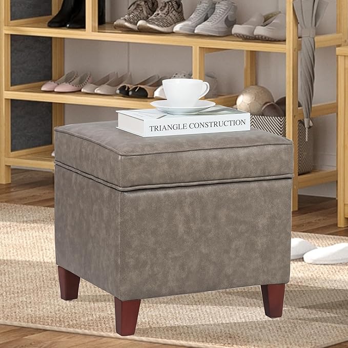 Adeco 17.5" Square Faux Leather Ottoman with Storage - Upholstered PU Foot Rest - Flip Top Footstool with Sturdy Wood Legs, Small Cube Coffee Table Extra Seat for Living Room, Bedroom, Coffee Brown-CasaMuseHome