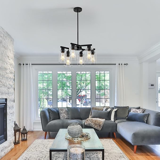 6-Light Black Modern Farmhouse Chandelier for Dining Room Ceiling Light Fixture with Clear Glass Shades, Adjustable Hanging Industrial Pendant Lighting for Living Room Kitchen Island Bedroom Entryway-CasaMuseHome