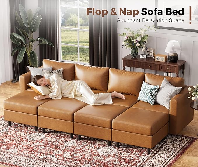 118.5" Luxury Modular Sleeper Sofa Bed with Storage Seat, 8 Seat Sectional Couch Deep Seat with Reversible Chaises & Removable Cover - Brown Faux Leather-CasaMuseHome