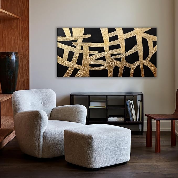 Abstract Wall Art Paintings Canvas Wall Art Decor Black And Gold Lines Artwork for Walls Texture Wall Decorations Modern Minimalist Wall Art Living Room Decor For Room Bedroom Office Wall Decor 24"X48"-CasaMuseHome