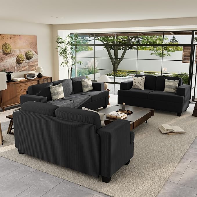 3 Pieces Corduroy Couch Set for Living Room, 7 Seats Cloud Sofa, Deep Seat Floor Couch for Bedroom, Futon Modern Sofa Sectional Bed, Black Corduroy-CasaMuseHome