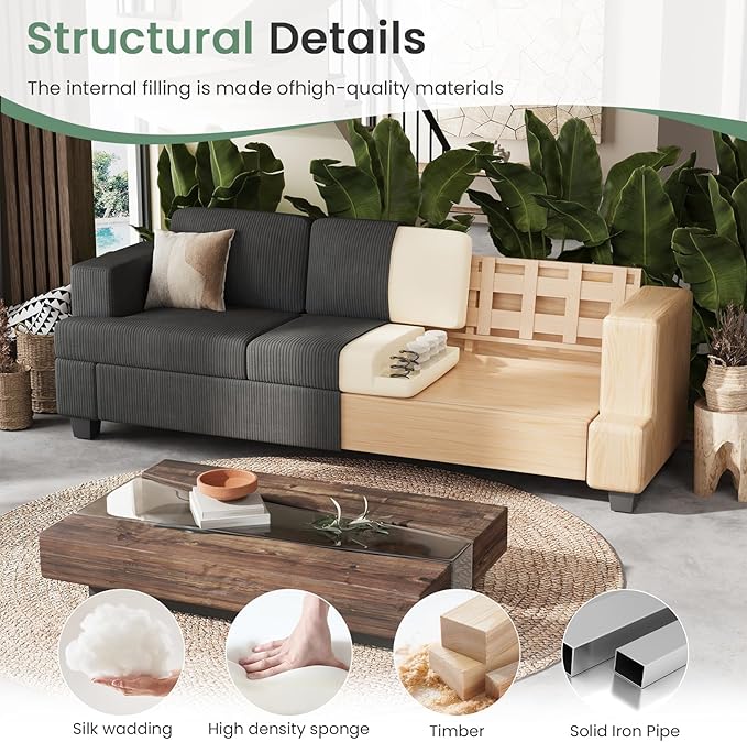 3 Seater Corduroy Couch for Living Room, 89” Black Cloud Sofa, Deep Seat Floor Couch for Bedroom, Futon Modern Sofa Sectional Bed, Black Corduroy-CasaMuseHome