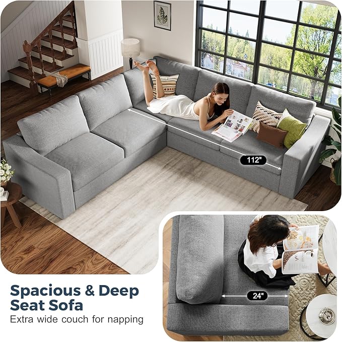 112" L Shaped Sectional Sofa with Detachable Sofa Cover, Reversible Sectional Modular Couch for Living Room, Linen Fabric Corner Couch with 7 Seats, Grey-CasaMuseHome